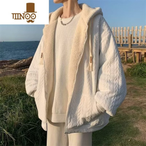 YANXU羔绒棉衣外套男加绒连帽港风潮牌宽松保暖棉袄百搭棉服潮