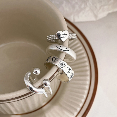 笑脸爱心戒指女纯银轻奢复古小众设计高级感食指戒指环开口戒送女朋友老婆情人节七夕生日礼物