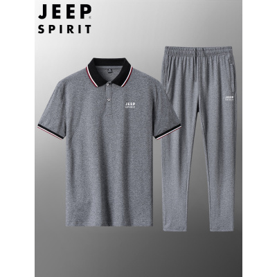 JEEPSPIRIT吉普夏季纯棉短袖套装男POLO衫运动服男士T恤长裤薄款两件套