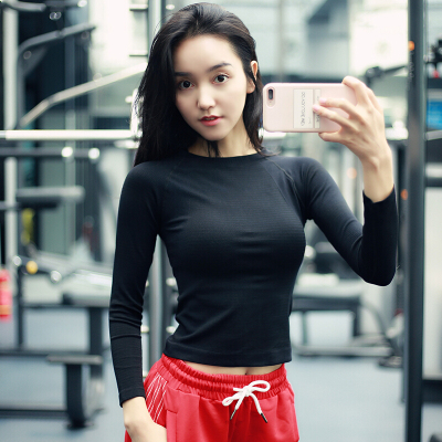 珂卡慕(KEKAMU)春秋新款韩版显瘦漏脐运动上衣女跑步健身瑜伽服超火典雅黑S