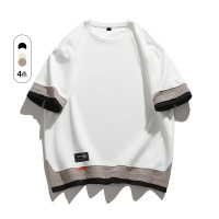 大码短袖男夏季小众时尚假三件拼色拼接上衣男宽松百搭舒适 潮短T