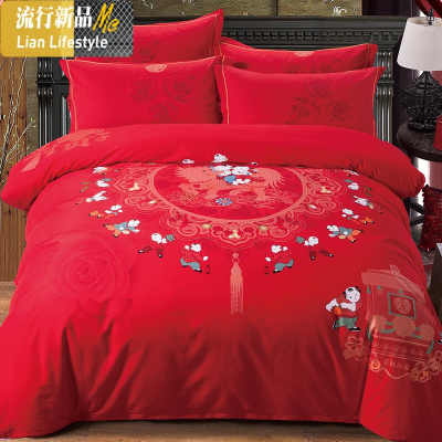 喜庆百子图结婚四件套棉棉新婚红色床单被套中式婚庆床上用品 三维工匠