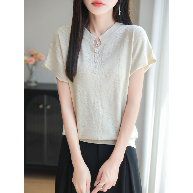 夏季新款冰丝V领扣子针织短袖T恤上衣薄款提花小飞袖打底衫内搭女