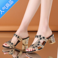 SUNTEK2023夏季新款韩版百搭水钻露趾粗跟拖鞋女士时尚高跟一字凉拖鞋潮