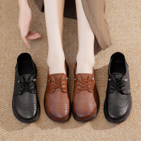 头层牛皮休闲女单鞋复古平底妈妈鞋秋季新款深口套脚真皮女鞋