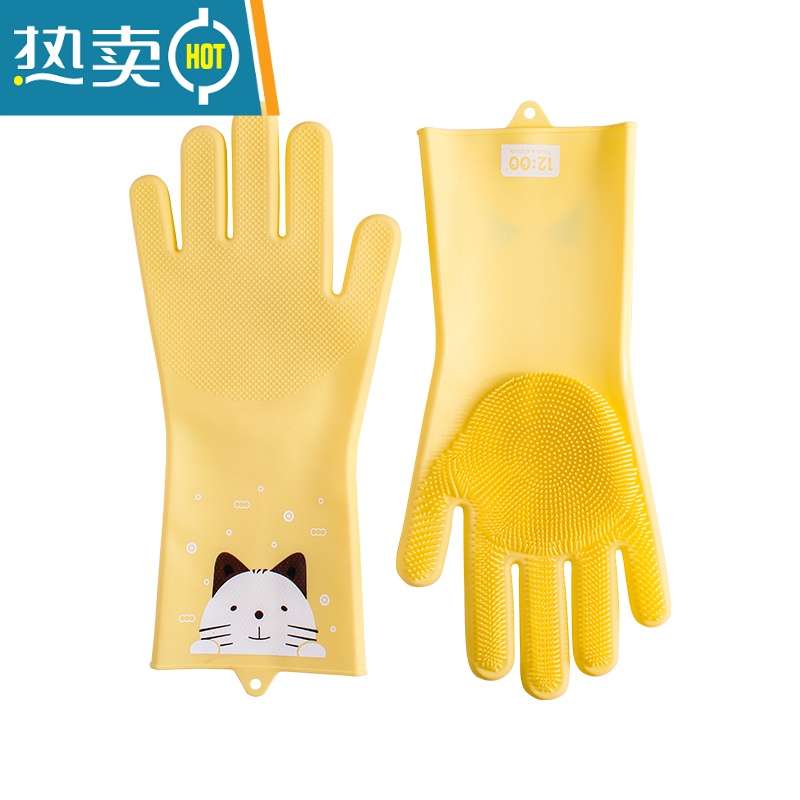 敬平魔术硅胶洗碗手套女橡胶厨房家务耐用防水清洁刷碗耐用型洗碗器 萌厨手套-小猫一双装(均码) L