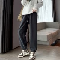 [2.5折价91元]唐狮灰色运动裤女冬季新款直筒休闲卫裤阔腿加绒加厚休闲裤子