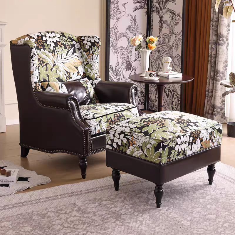 繁花老虎椅法式复古风布艺真皮拼接单椅美式客厅高背休闲单人沙发