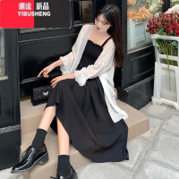 YIBUSHENG季新款大码胖妹妹遮肉显瘦洋气仙女吊带长裙披肩防晒衫两套装女