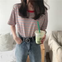 夏季条纹短袖T恤女新款韩版打底衫女式上衣大码女装