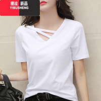YIBUSHENG黑色短袖t恤女士2024新款宽松正肩显瘦v领设计感大码上衣镂空