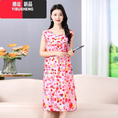 YIBUSHENG妈妈天棉绸睡裙无袖背心裙中年女式天空调服人造棉连衣裙凉快