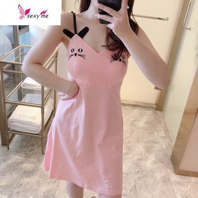 V领吊带睡裙女夏带胸垫棉夏天甜美可爱性感宽松bar睡衣可外穿薄FISHBASKET