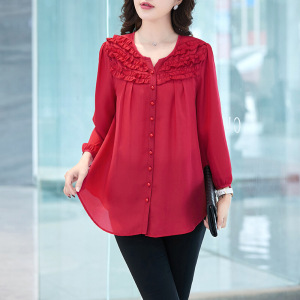 迪鲁奥(DILUAO)高档雪纺女上衣袖中年妈妈春秋衫宽松型加肥加大码中长款洋气小衫 红色 M