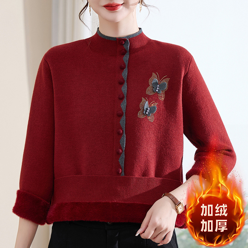 中老年妈妈装秋冬绒衫女新款半高领绣花毛衣针织打底衫_462