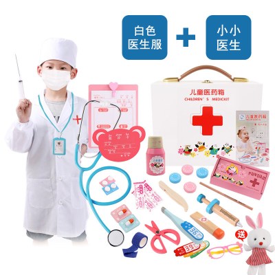 儿童医生玩具套装女孩打针工具木制仿真医生工具箱男宝宝过家家特惠25件-大木盒小小医生+白生服+帽子