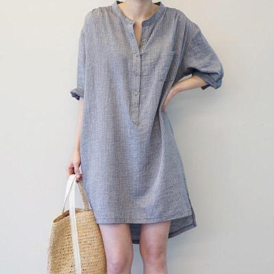 珂卡慕(KEKAMU)衬衫裙女中长款大码女装2020春季新款条纹衬衫女时尚舒适气质韩版宽松显瘦连衣裙女灰色S