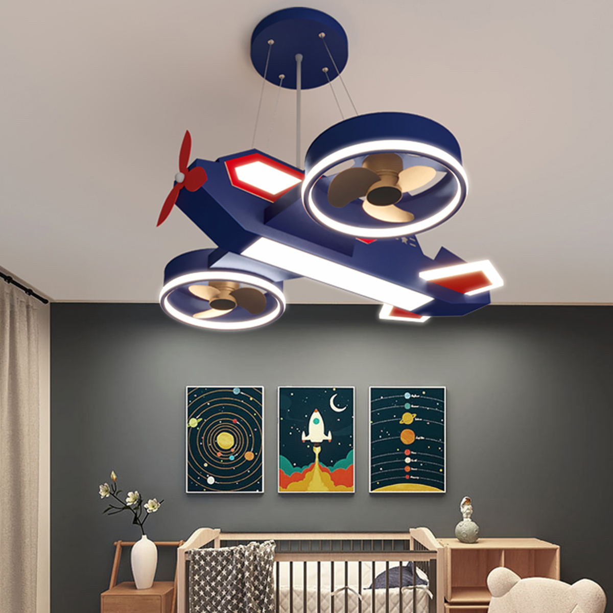 辛羽美式飞机灯 儿童房吊灯 护眼男孩房间灯创意大气风扇客厅卧室灯具