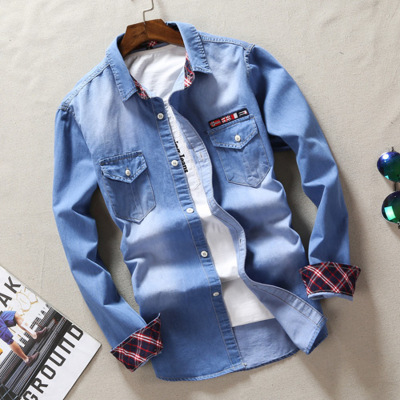 吉普战车2021年春夏新款男士牛仔衬衫男长袖衬衣韩版修身休闲款外套潮青年寸衫帅气衣服款