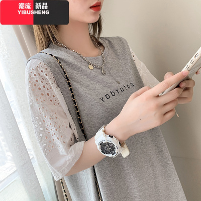 YIBUSHENG假两件T恤裙子女夏季新款大码胖妹妹显瘦遮肚减龄甜美法式连衣裙大码女装