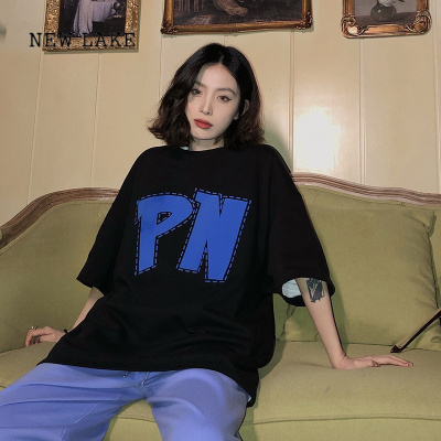 new lake 短袖女春夏新款宽松休闲港风字母印花粉色上衣t恤ins潮