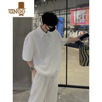 YANXU美式复古华夫格polo衫男潮牌宽松短袖翻领t恤设计感提花半袖卫衣