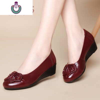 FISHBASKET妈妈鞋软底女鞋秋季新款百搭单鞋女中跟舒适中老年鞋子坡跟皮鞋女休闲鞋