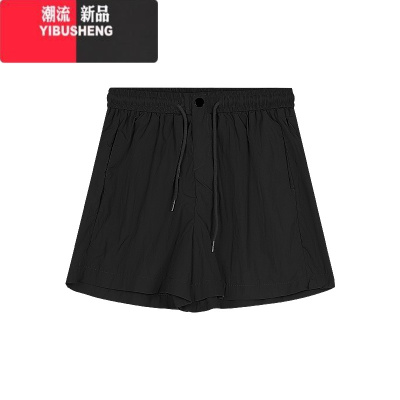 YIBUSHENG松紧腰灰色短裤女季设计感褶皱休闲裤卡其色阔腿裤运动裤直筒裤