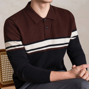 老钱风450克含羊毛精仿毛衣男秋冬季新款翻领条纹男士羊毛衫