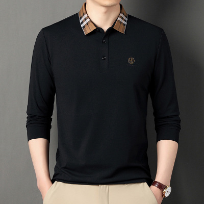 秋季男士中年长袖T恤百搭polo衫日常商务长袖休闲徽章透气T恤