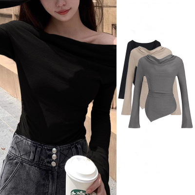 灰色一字肩长袖T恤女春秋新款不规则修身显瘦内搭纯色打底上衣潮