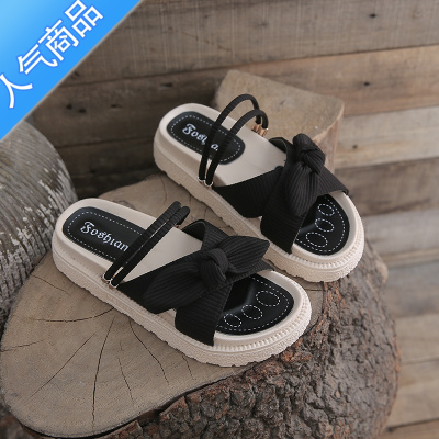 SUNTEK仙女风两穿凉拖女2023年夏季新款厚底蝴蝶结外穿凉鞋罗马一字拖女