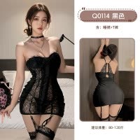 九里晴川性感蕾丝缎面紫色包臀裙女聚拢小胸情趣内衣免脱睡裙分销 九里晴川Q0114[挂脖连衣裙-黑] 均码