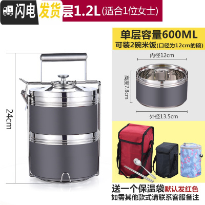 三维工匠304不锈钢真空保温饭盒多层保温桶密封防漏学生上班族带饭便当盒 二层[月光灰]送餐具+保温袋