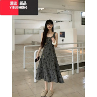 YIBUSHENG季2024新款蝴蝶吊带连衣裙女洋气修身显瘦破洞高级感灰色中长裙