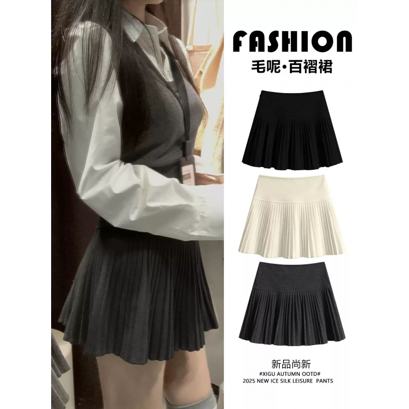 灰色毛呢百褶裙女秋冬季新款高腰a字半身裙小个子羊毛jk短裙