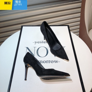 聚范卡其色高跟鞋女2024新款细跟气质名媛绒面浅口尖头单鞋通勤工作鞋