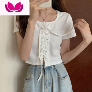 七斓韩版修身显瘦方领法式短款上衣女设计感夏天辣妹bm风白色短袖t恤