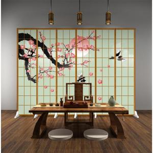 森美人日式仿木纹格子屏风隔断客厅现代简约双面移动布艺时尚可折叠折屏
