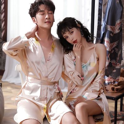 SleepyBear春季新款男士睡衣性感睡袍女吊带睡裙两件套情侣冰丝睡衣丝绸浴袍