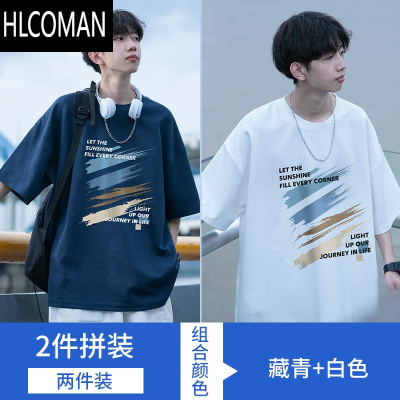 HLCOMAN日系藏青色短袖t恤男款夏季涂鸦印花宽松ins潮牌半袖体恤