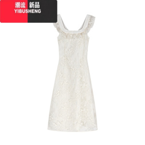YIBUSHENG法式白色蕾丝小飞袖连衣裙女季荷叶边收腰a字裙子气质露背长裙