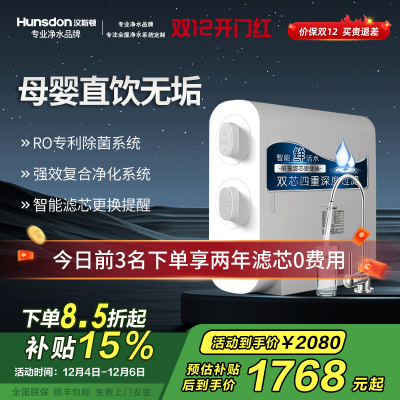 汉斯顿/Hunsdon[国家补贴] 0阻垢剂添加净水器家用直饮净水机厨下式RO反渗透母婴直饮机自来水过滤器D3