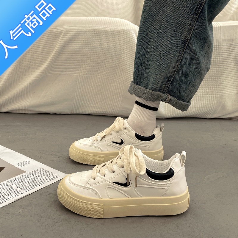 SUNTEK港风圆头小白鞋女春秋季厚底板鞋2023新款小众百搭平底休闲运动鞋