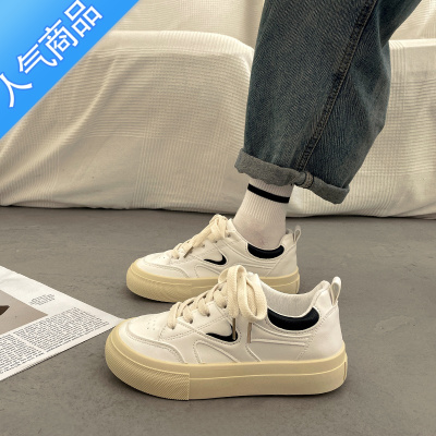 SUNTEK港风圆头小白鞋女春秋季厚底板鞋2023新款小众百搭平底休闲运动鞋