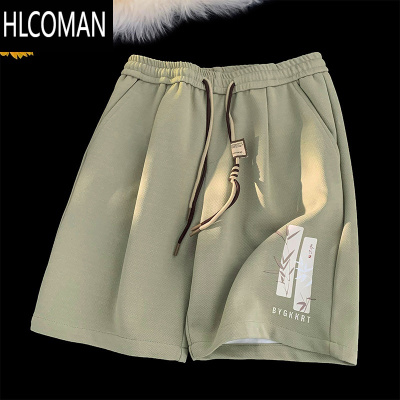 HLCOMAN浅绿色竹子印花短裤男夏季潮牌宽松休闲过膝运动薄款冰丝五分裤子
