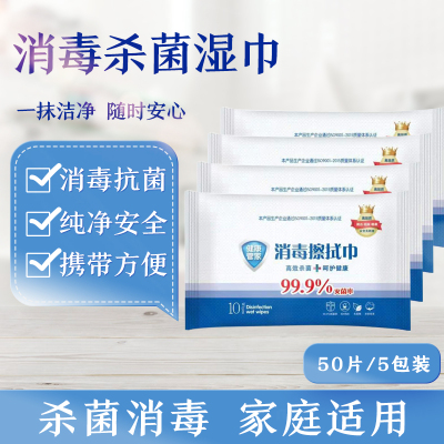 蓝雅LANYA消毒湿巾50片消毒湿纸巾手口湿巾宝宝擦手医用非酒精湿巾婴儿湿巾消湿纸巾湿巾5包装/50片
