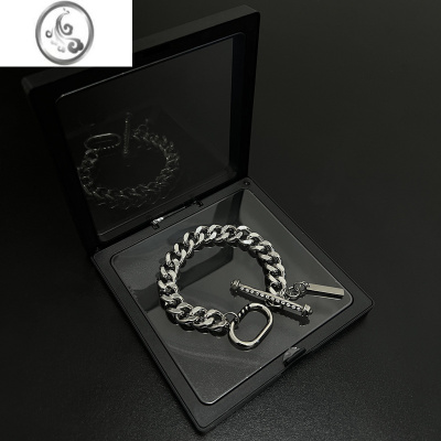 JiMi镶钻一字OT扣古巴重工手链男女ins嘻哈潮牌朋克小众 钛钢不掉色