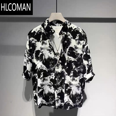 HLCOMAN夏季薄款短袖撞色衬衫男生港风复古胖子衬衣高级大码痞帅休闲上衣