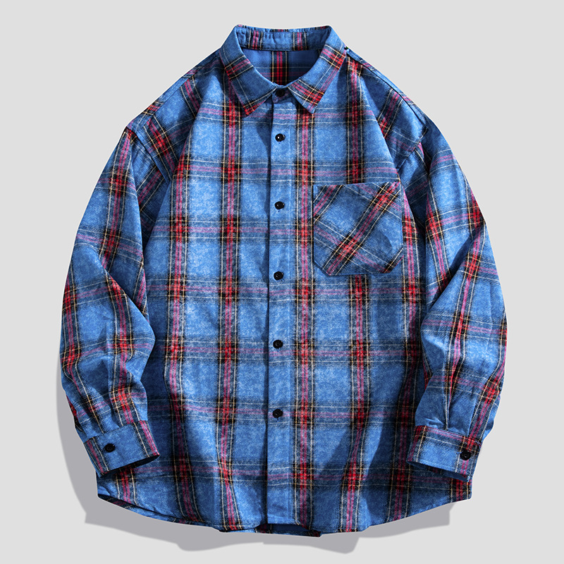 男装春秋装新款男士长袖衬衫高街潮牌时尚宽松复古格子衬衣男外套